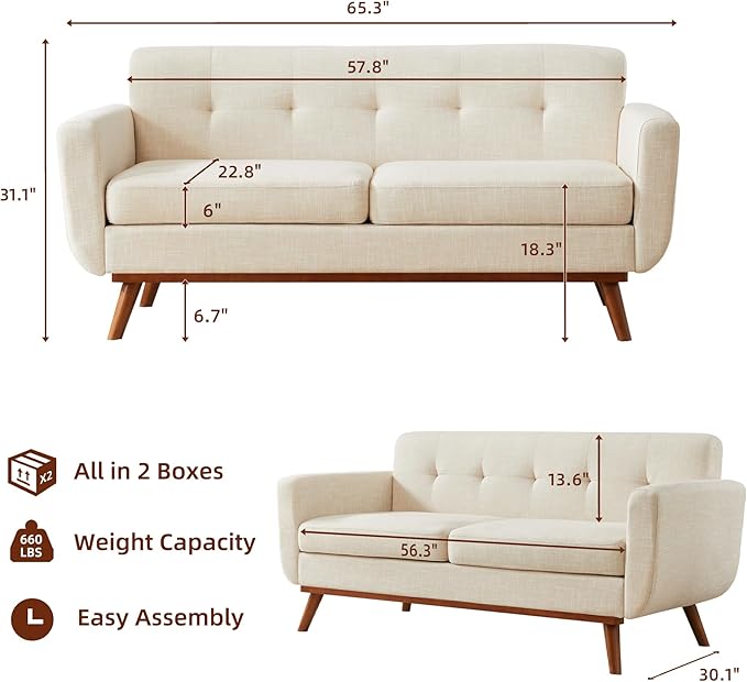 Tbfit Loveseat Sofa Mid-Century Love Seat Couches Boucle Small Sofa for Living Room Bedroom Office Button Tufted Upholstered Furniture Beige