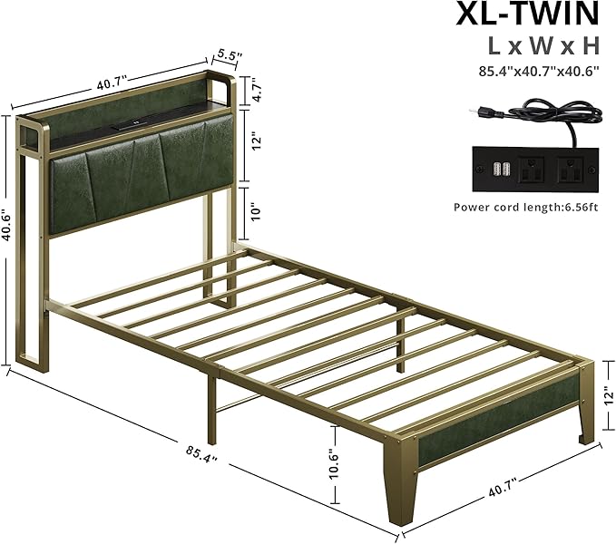 LIKIMIO Twin XL Bed Frame Storage Headboard with Charging Station Solid and Stable Noise Free No Box Spring Needed Easy Assembly (Dark Green)