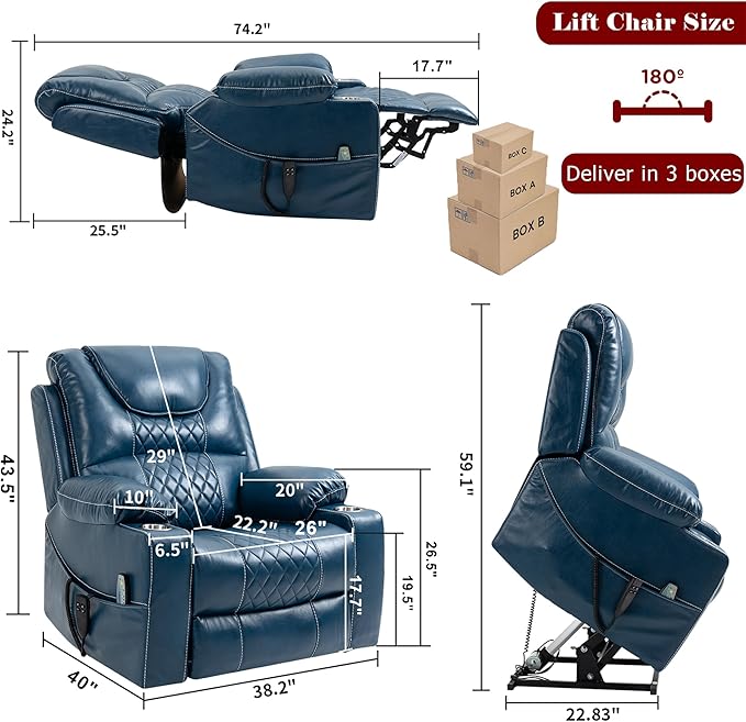 Large Power Lift Recliner Chair Sofa with Massage and Heat for Big and Tall ElderlyInfinite PositionsDual MotorCup HoldersAir Leather Home Theater Seat