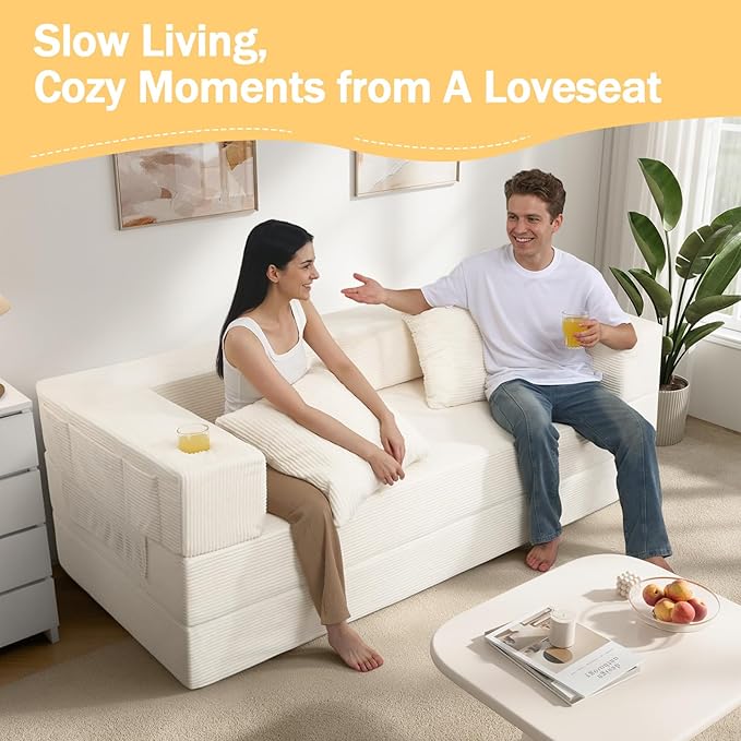 COMAX Boneless Couch Futon Sofa Bed Couches Versatile Queen for Living Room 79 4 in 1 Convertible Sleeper Corduroy Couch Foam in a Box Foldable Fold Out Floor Mattress No Assembly Required Beige