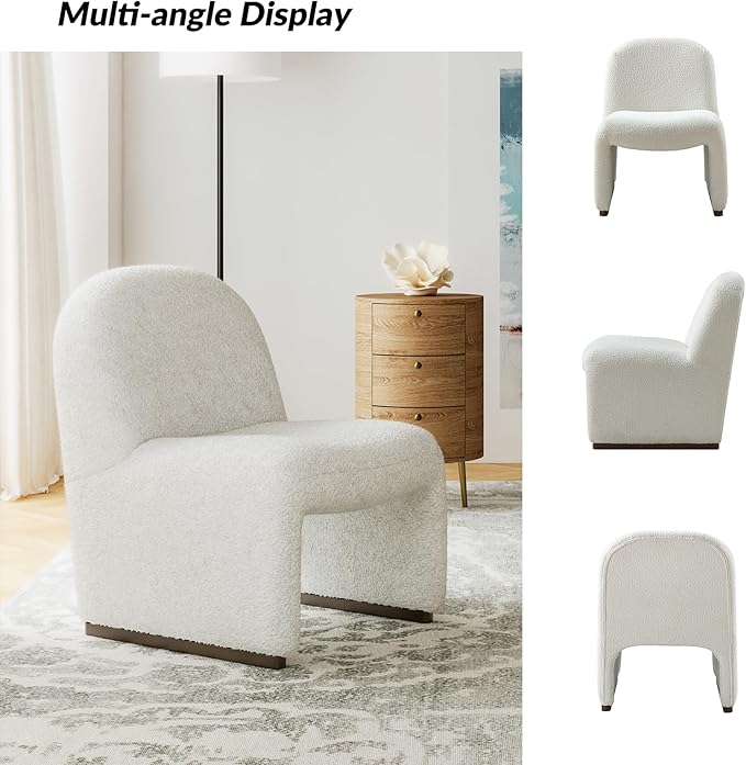 HULALA HOME Modern Accent Chair Upholstered Side Chair with Solid Wood Legs Streamlined Armless Slipper Chair with Curved Seat Bedroom Living Room Chair for Adults （Ivory