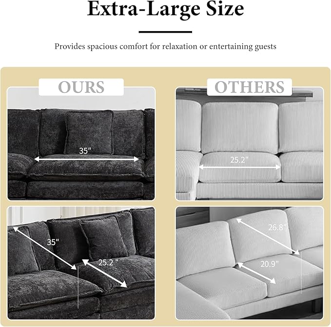 111.5” Black Modular Sectional Sofa 3 Seater Large Sectional Couches for Living Room Chenille Fabric Oversized Cloud Couch with Ottoman Deep Seat Home Sofas Set Sofá Moderno U Shaped