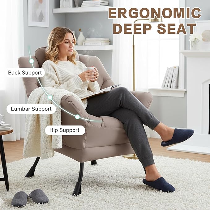 Lazy Chair for Living Room Modern Soft Reading Chair Accent Contemporary Sofa Chair with Armrests and a Side Pocket for Bedroom Dorm &amp Office Khaki