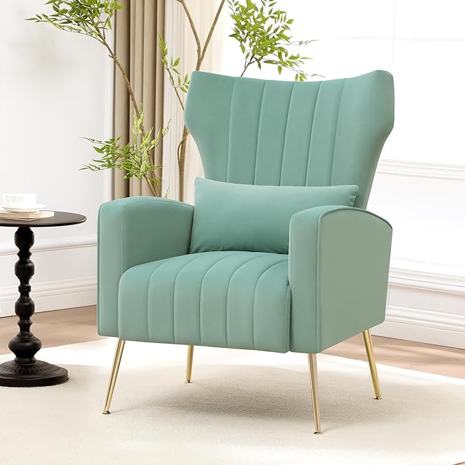 Accent Chairs Set of 2Upholstered Living Room ChairsHigh Back Arm Chairs with Metal Legs Lumbar Reading Chairs for Living RoomBedroom Apartment Lake Green