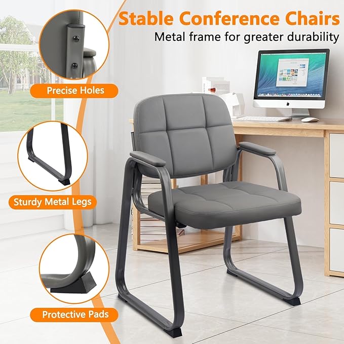 CLATINA Leather Guest Chairs Set of 2 Office Reception with Padded Arms Desk Chair with Sled Base for Office Conference Waiting Room Grey