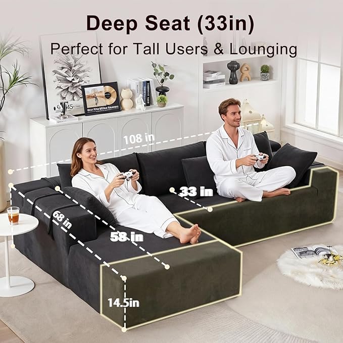 108 Modular Sectional Couch Sofa with L-Shape Chaise &amp 6 Pillows Modern Cloud Comfy Sofa with Deep Seat Upholstered Couches for Living Room Bedroom No Assembly Required (Black)