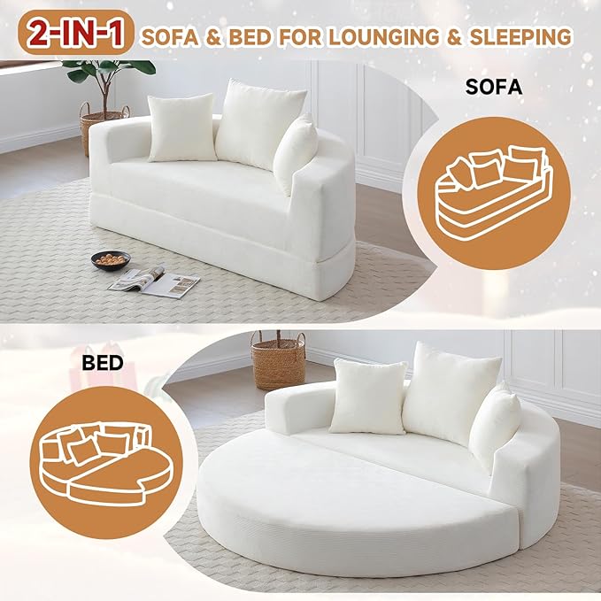 Curved Convertible Futon Sleeper Sofa Bed 67 Boneless Couch with Pull-Out Bed Corduroy Foldable Floor Mattress for Living Room No Assembly Required Round Beige