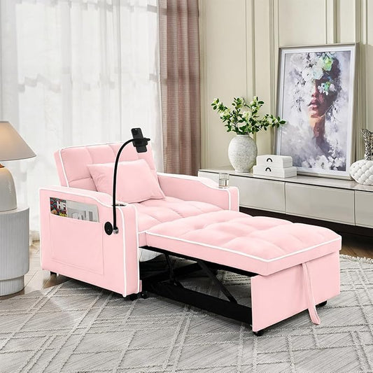 Convertible Chair Bed 3 in 1 Sofa Bed Chair with Adjustable Backrest &amp Cup Holder &amp Charging Station Small Space One Person Couch for Apartment Office Living Room Bedroom (Pink)