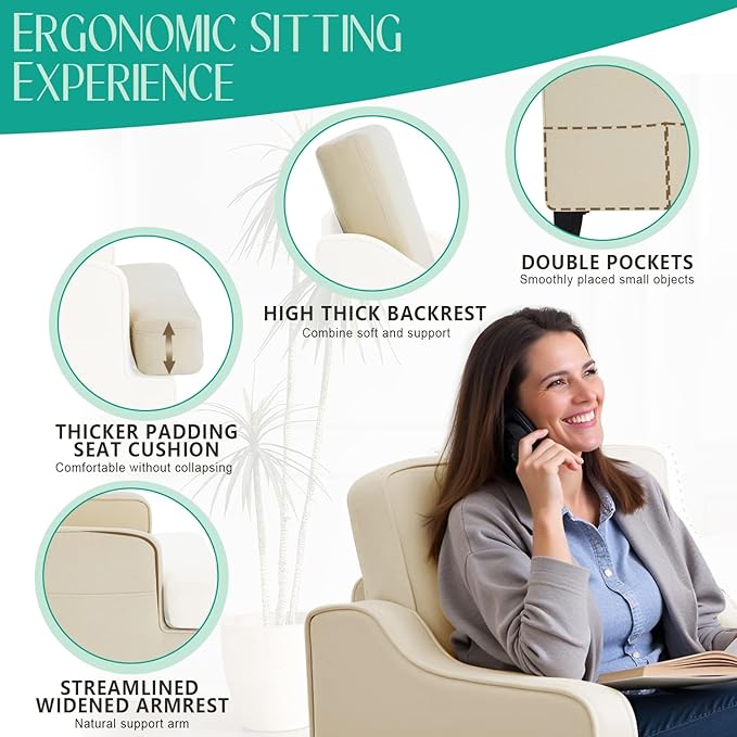 Modern Accent Chair for Bedroom Upholstered Reading Chair with Side Pockets Comfy Living Room Chairs Living Room Armchair for Office Apartment Small Room (Beige)