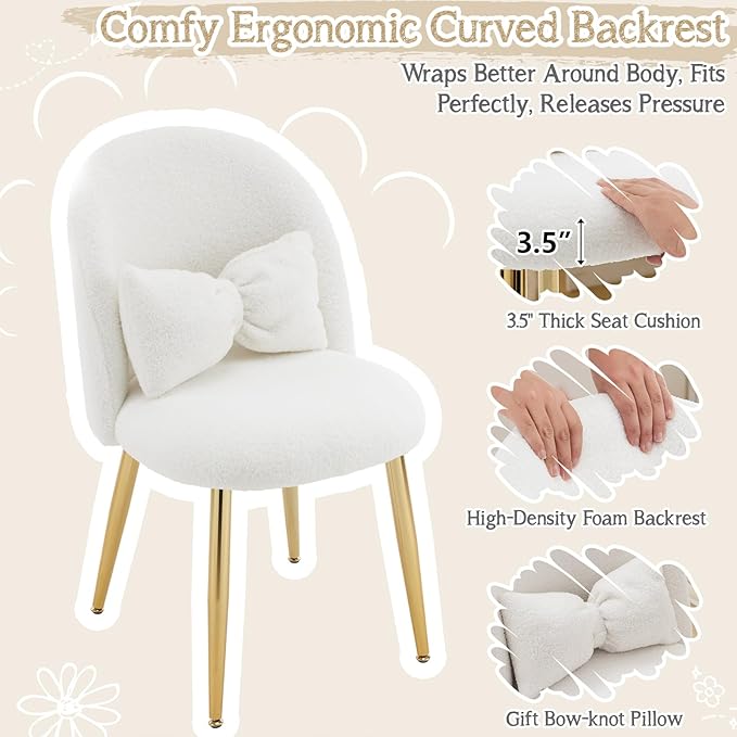 VINGLI Boucle Girls Vanity Chair with Back &amp PillowCute Small Cozy Desk Chair No WheelsComfy Makeup Ch with Ajustable Gold Legsfor BedroomLiving RoomSmall SpaceWhite