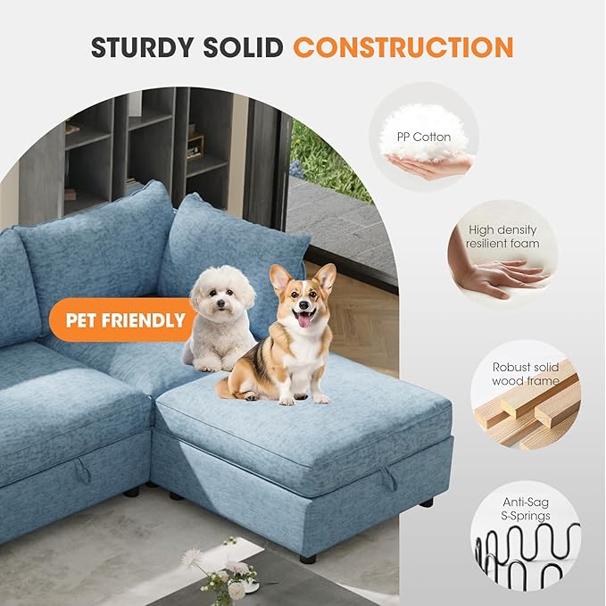 6 Seat Modular Sectional Sofa with Storage Convertible Sectional Couch Modular Sofa with Chaise Living Room Furniture Sets U Shaped Couch with Ottoman Couches for Living Room Blue
