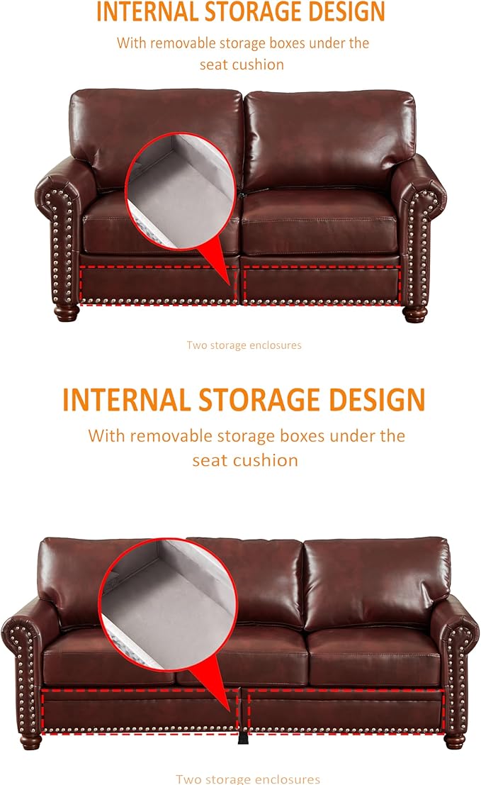 Faux Leather Sofa Set of 2: Love Seat +3 Seat Couch Underseat Storage Classic Sofa Elegance Rolled Armrests Nailhead Trim Wood Legs Classic Living Room Accent 2+3 Seat-Burgundy