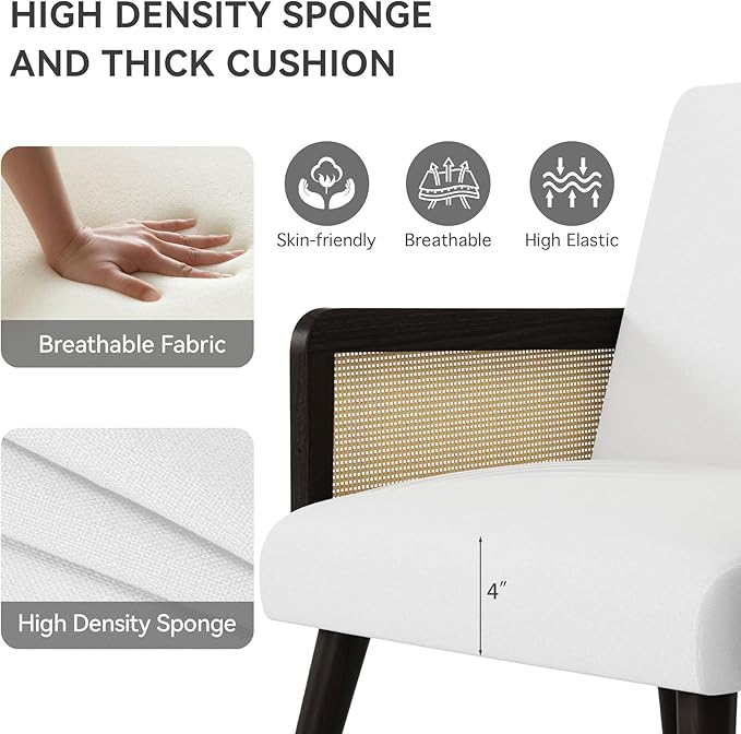 Accent Chair with Rattan Arms Living Room Chairs with Wood Legs Modern Armchair for Bedroom Lounge Chair Indoor for Reading Room Kitchen White