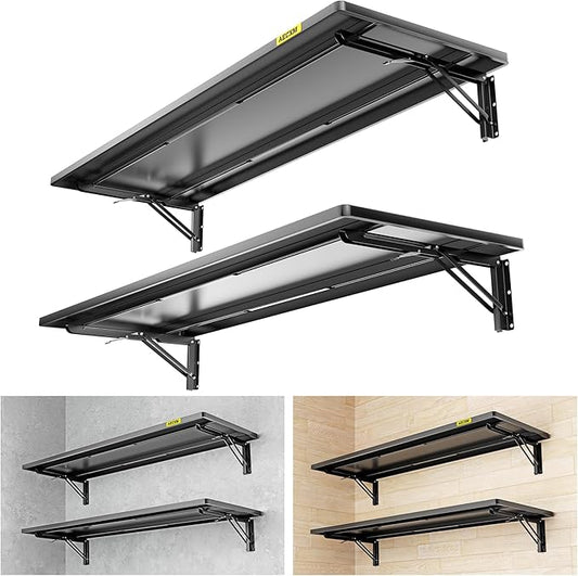 2pack-1.3x4ft Adjustable Rail Type Folding Storage Rack Shelf Suitable for Garage Storage Room kitchens Wall Shelf Garage Storage Rack Floating Shelves Wall Mounted Folding Table(2pcs-Black)