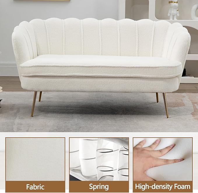 59 Small Loveseat Sofa 2-Seater Modern Chenille Couch with Gold Metal Legs &amp Floral Backrest Compact Apartment Sofa for Living Room Bedroom Office Dorm (Boucle Ivory)