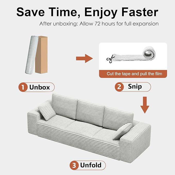 Corduroy Cloud Modular Sectional Couch Boneless Memory Foam Sectional Sofa Comfy L-Shaped Compression Couches with Chaise for Living Room No Assembly Required(Beige 3-Seater)