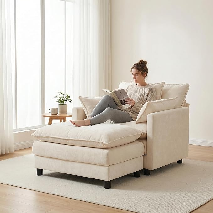 39.4 Oversized Modern Accent Chair with Ottoman Chenille Upholstered Club Chair for Living Room &amp Bedroom Reading Chair 350 lbs Weight Capacity (Beige 1 Seat)