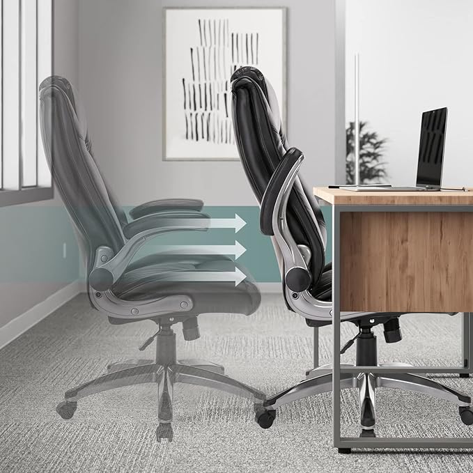 COLAMY Leather Executive Office Chair - High Back Home Computer Desk Chair with Padded Flip-up Arms Adjustable Tilt Lock Swivel Rolling Ergonomic Chair for Adult Working Study Black