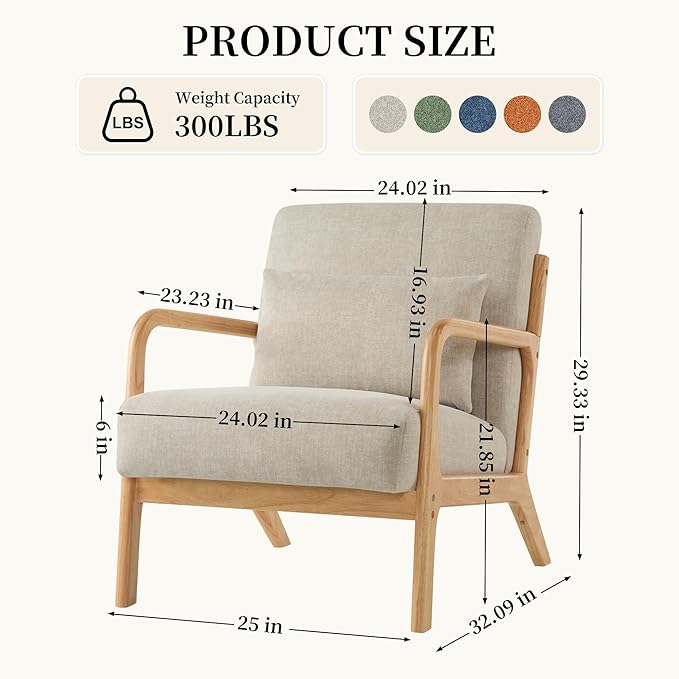 Accent Chair with Pillow Upholstered Mid Century Chair Living Room Chair with Solid Wood Frame Comfy Reading Chair with Thick Cushion Armchair for Small Space Bedroom Balcony Grey 1PC