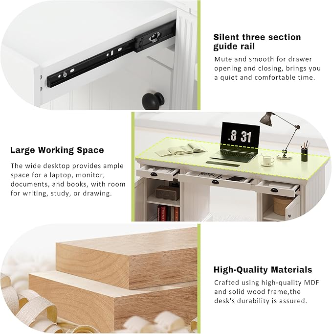 67 Modern White Executive Desk Computer Desk with 2 Wooden Doors Storage Cabinet &amp 3 Drawers Rectangle Home Office Desk with USB Ports Writing Table &amp Workstation for Study (White)