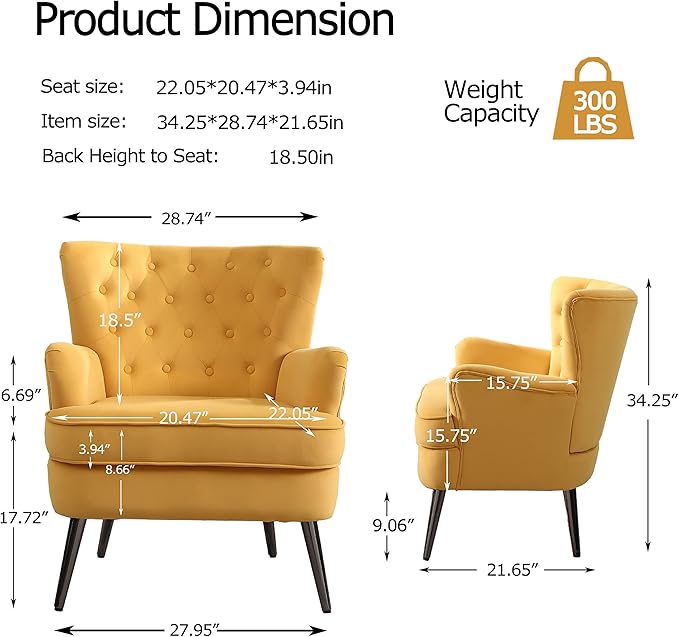 Generic Living Room Chairs Button Tufted Accent Chairs Comfy Bedroom Chair Velvet Side Sitting Chairs Modern Fabric Sofa Slipper Chair for Reading Yellow
