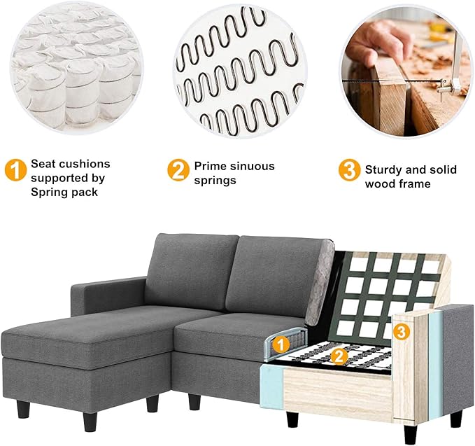 L Shaped CouchReversible Sofa with Linen FabricConvertible Sectional Sofa for Small Space Linen Grey