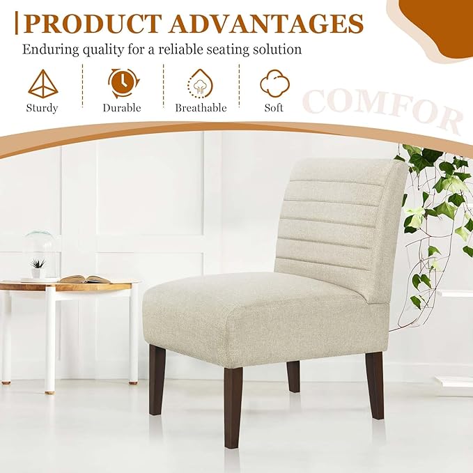 Modern Accent Chair for Living Room Upholstered Armless Slipper Chair with Back &amp Wood Legs Comfy Small Chair for Bedroom Living Room Reading Spaces Office (Beige)