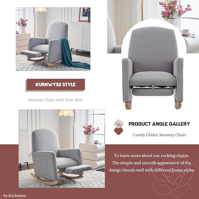 Modern Rocking Chair Nursery Comfy Glider Nursery Chair with Foot Rest Upholstered Rocker with Pocket Accent Reading Armchair with Solid Wood Base for Living Room Bedroom Lounge Room (Light Gray)