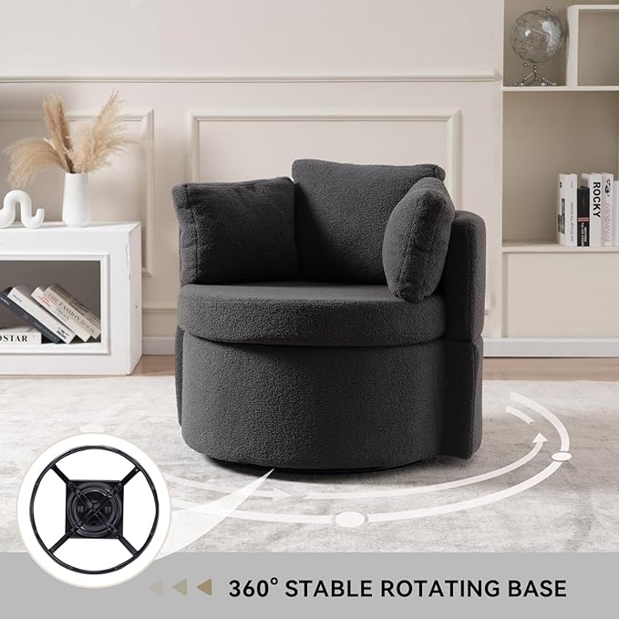 FOXHUNTER Swivel Barrel Chair 360 Degree Swivel Round Storage Chair with 3 Pillows Oversize Teddy Swivel Accent Chair Comfy Single Sofa Chair for Nursery Living Room Bedroom (Dark Gray)