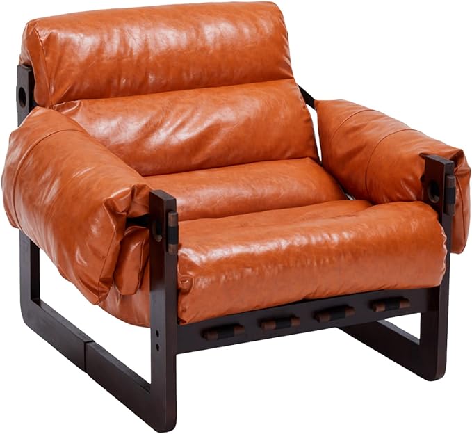 Mid Century Modern Accent Chair Leather Reading Chair with Solid Wood Frame and Removable Padded Armrests Upholstered Armchair for Living Room Balcony Lounge Reading Room Retro Orange