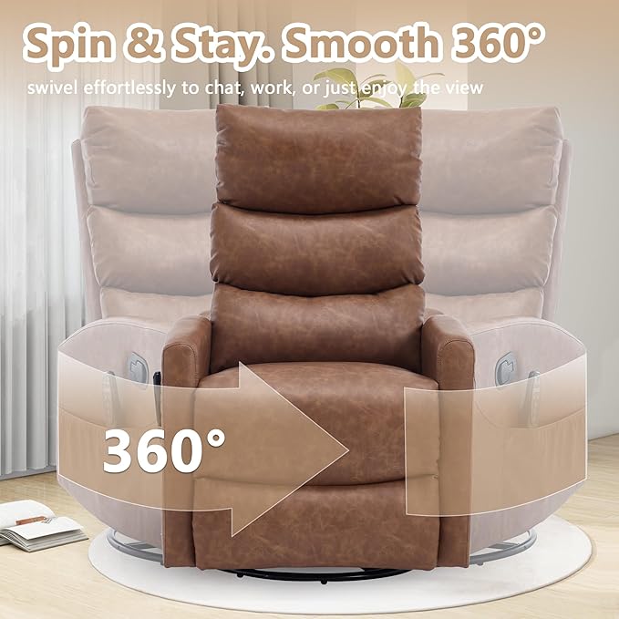 cinkehome Swivel Rocker Recliner Chair Upholstered Nursery Glider Recliner Chair with Heated Massage High Back Side Pocket (Light Brown PU Leather)