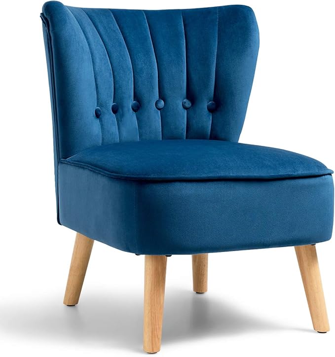 Giantex Modern Velvet Accent Chair Small Upholstered Leisure Sofa Chair w/Wood Legs Thickly Padded and Button Tufted Armless Wingback Club Chairs for Living Room Bedroom Furniture (1 Blue)
