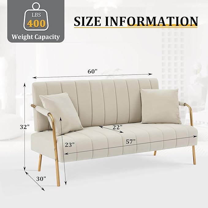 Dolonm 60 Velvet Loveseat 2 Seater Upholstered Couch with 2 Pillows Mid Century Pleated Velvet Sofa with Gold Metal Legs Perfect for Small Spaces Apartments Offices Bedrooms