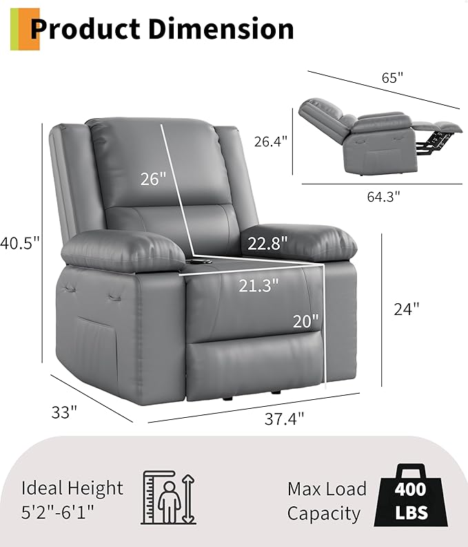 GarveeHome Power Lift Recliner Chair - Heat and Massage PU Leather Electric Lift Recliner for Elderly &amp Mobility Impaired Adjustable Back and Legs Heavy Duty Lift Chair for Seniors