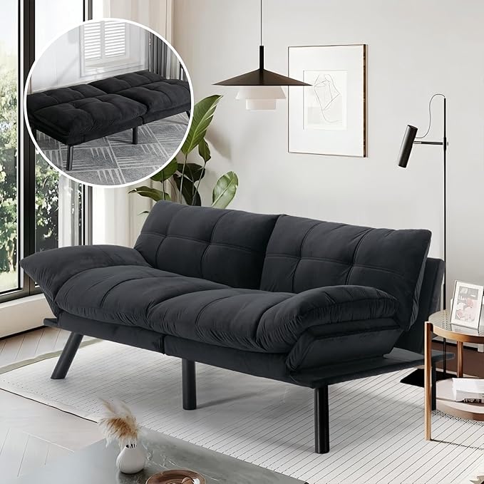 Convertible Futon Double Sofa Bed2 in 1 with Adjustable Backrest Memory Foam Loveseat for Living Room Bedroom Office Apartment Compact Sofa(Black)
