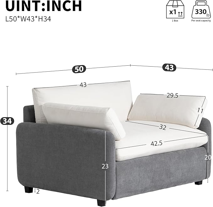 50 * 43 Oversized Single Sofa Chair Modern Chenille Upholstered Armchair Wide and Deep Seat Accent Chair with Two Throw Pillows Color Blocking Couch Lounge for Living Room (Gray+Cream/5)