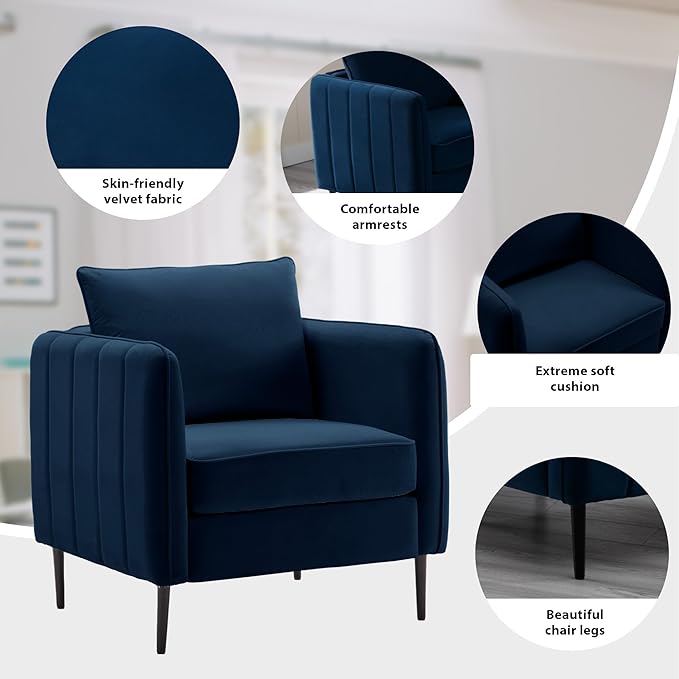 Velvet Accent Chair Comfy Upholstered Armchair Living Room Single Reading Chair with Metal Legs for Living Room Bedroom Office (Navy Chair)