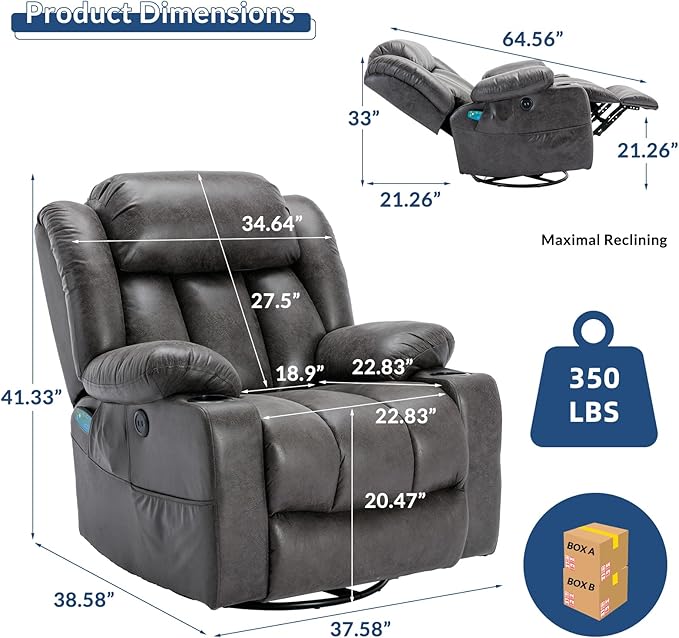 Manual Swivel Glider Rocker Recliner Chair with Heated Massage 360° Swivel Overstuffed Reclining Chair with 2 Cup Holders Side Pockets &amp USB Ports for Living Room Gray