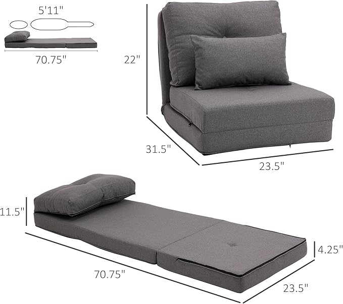 HOMCOM Convertible Flip Chair Floor Lazy Sofa Folding Upholstered Couch Bed with Adjustable Backrest Metal Frame and Pillows for Living Room Bedroom Dark Grey