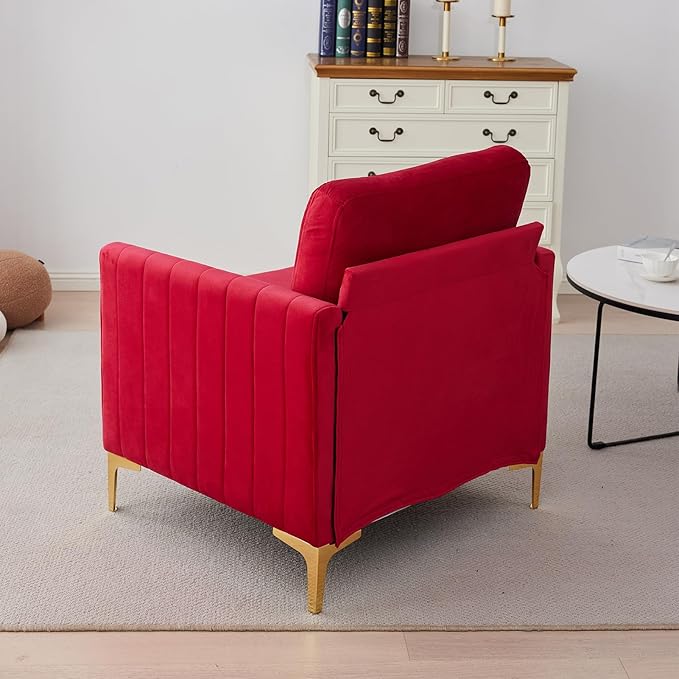 Red Velvet Accent Chair Upholstered Armchair with Gold Metal Legs Modern Single Sofa Chair for Living Room Bedroom Office