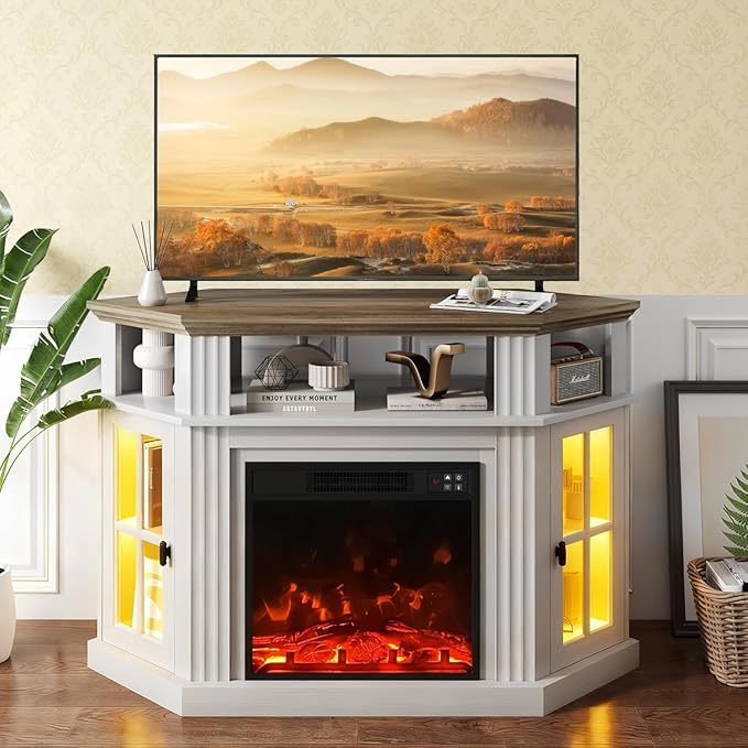 YESHOMY LED Corner Fireplace TV Stand with Mood Lighting for TVs up to 55 with Storage Cabinets Entertainment Center Media Console for Living Room Bedroom White