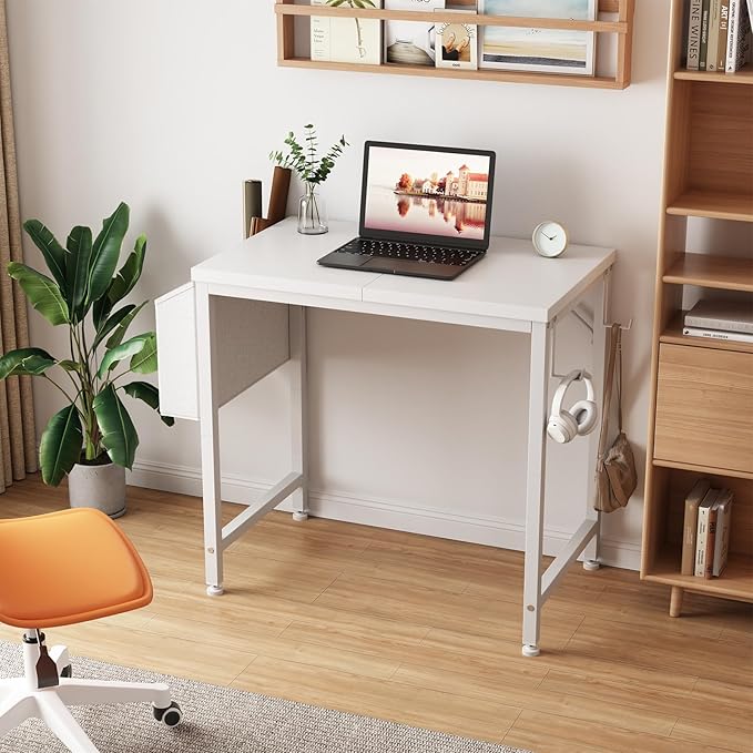 Lufeiya Small White Desk for Small Spaces 24 Inch Kids Girls Study Writing Mini Desks for Bedroom Simple Modern Laptop PC Little Side Table with Storage Bag Headphone Hook White