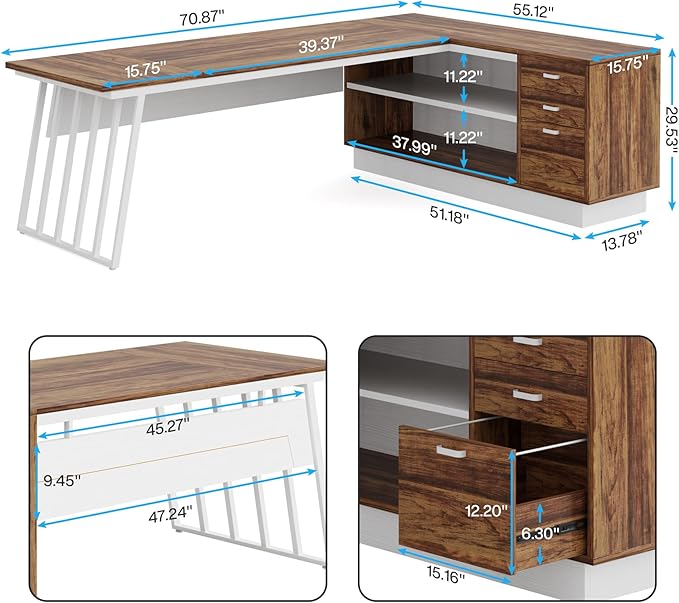 Tribesigns 71-Inch Executive Desk L-Shaped Desk with Cabinet Large Office Desk with Drawers and Storage Shelves Writing Table Computer Desk for Home Office Brown and White