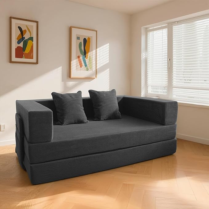 5‑in‑1 Futon Sofa Bed Queen – Floor Foldable Convertible Sofa Couch with L‑Shaped Armrests