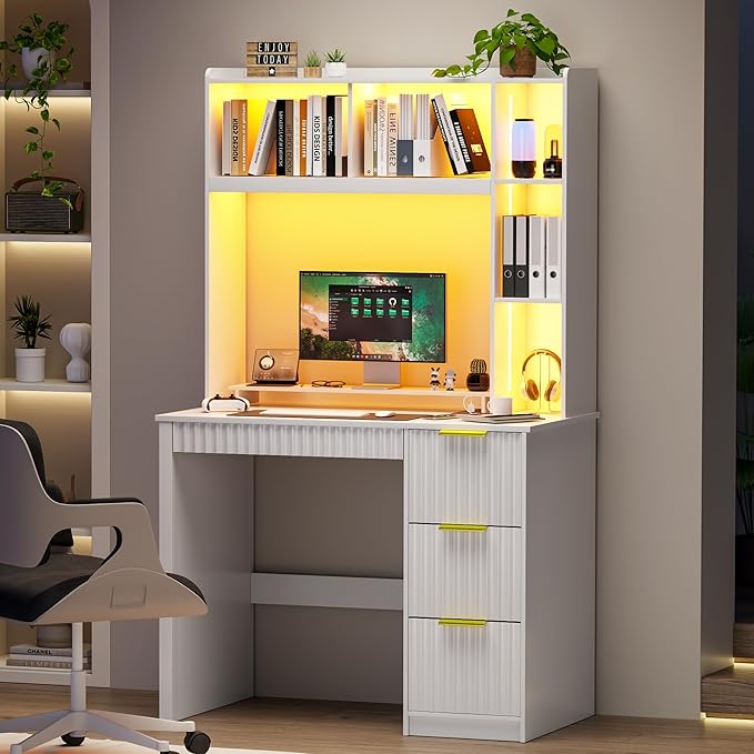 HNEBC Home Office Desk with Hutch and Drawers - 39 Standing Computer Desk with Charging Station&amp3 Color LightsHidden Compartment &amp Fluted Panel Design LED Writing Desk for Bedroom Study (W