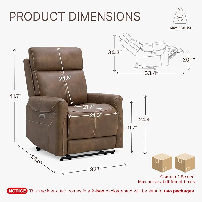 Wall Hugger Recliner Chair for Adults Faux Leather RV Recliner with USB Charging Ports Electric Power Reclining Sofa for Living Room Home Theater Seating Bedroom