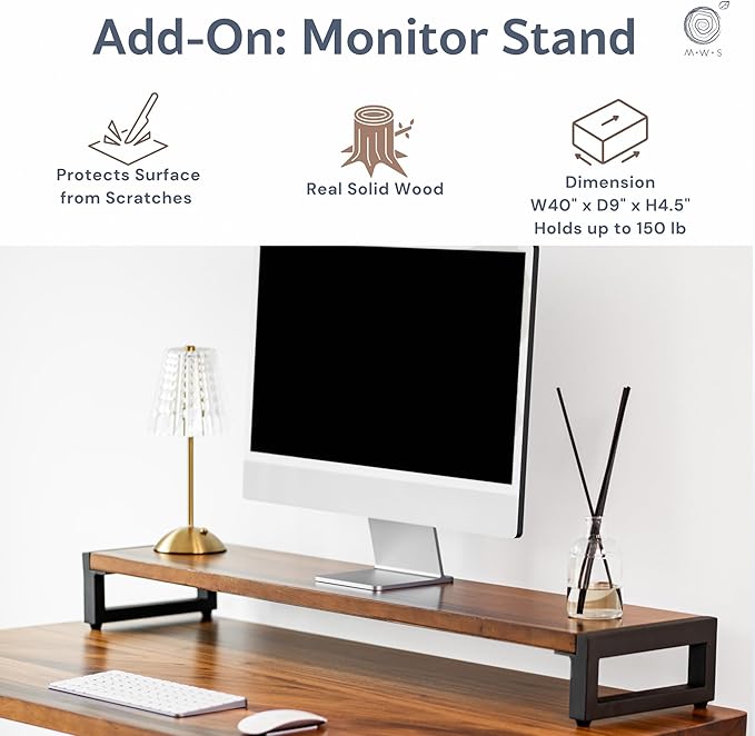 Wood Computer Desk with Monitor Stand - 48x27 Solid Wood Desk Live Edge Walnut Desk Sturdy Metal Legs - Scratch and Stain Resistant Finish - Premium Quality
