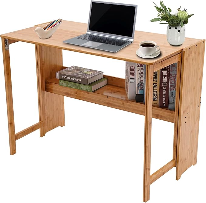 Folding Desk - Small Foldable Table with Storage Shelf 40.5 Inch Computer Desk with Space Saving for Bedroom Home Office Easy Assembly