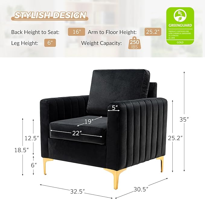 HULALA HOME Velvet Accent Club Chairs Set of 2 Modern Velvet Armchair Upholstered Accent Club Chairs Sofa Chairs with Gold Metal Legs Mid-Century Barrel Leisure Comfy Reading Armchair Black