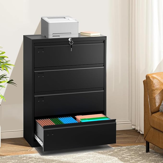 4-Drawer Lateral File Cabinet with Lock Heavy Duty Metal Filing Cabinet for Letter/Legal/A4 Documents Space-Saving Office Storage Organizer for Home Office Easy Assembly Black